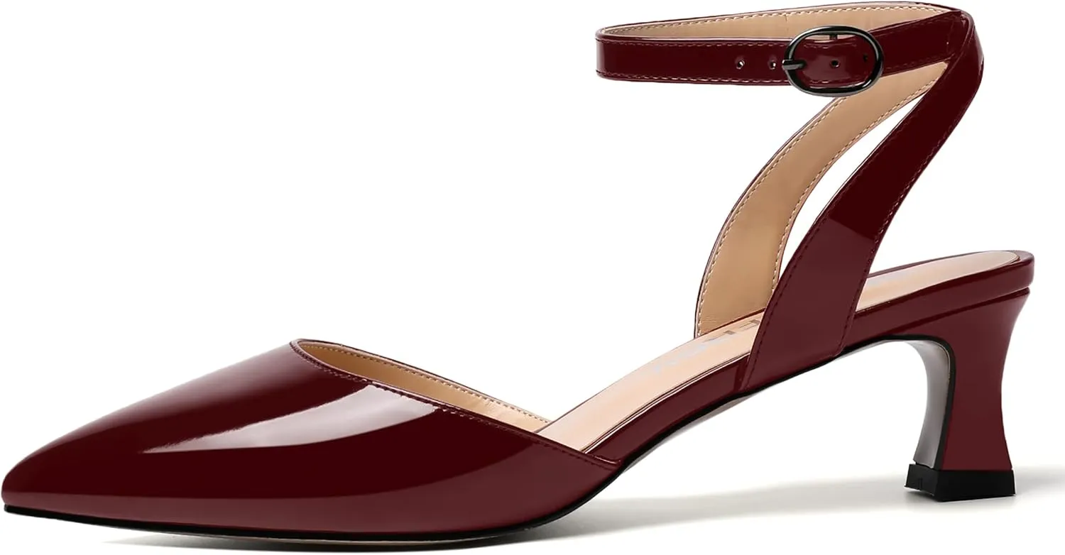 SKYSTERRY Women's Slingback Pointed Toe Ankle Strap Buckle Dating Cute Patent Spool Low Heel Pumps Shoes 2 Inch