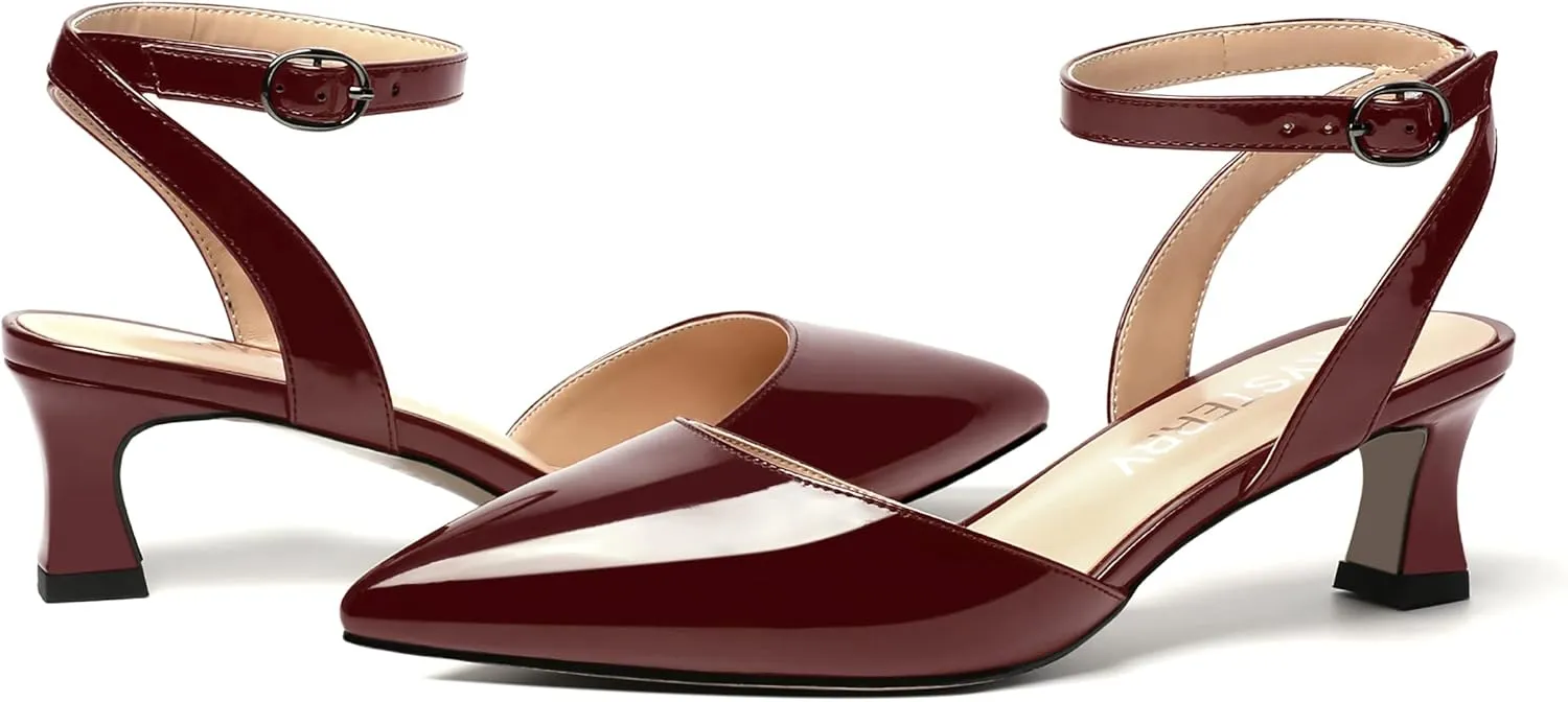 SKYSTERRY Women's Slingback Pointed Toe Ankle Strap Buckle Dating Cute Patent Spool Low Heel Pumps Shoes 2 Inch