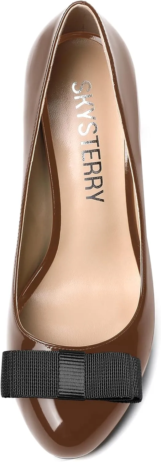 SKYSTERRY Women's Slip On Bow Patent Round Toe Casual Dating Spool High Heel Pumps Shoes 3.3 Inch