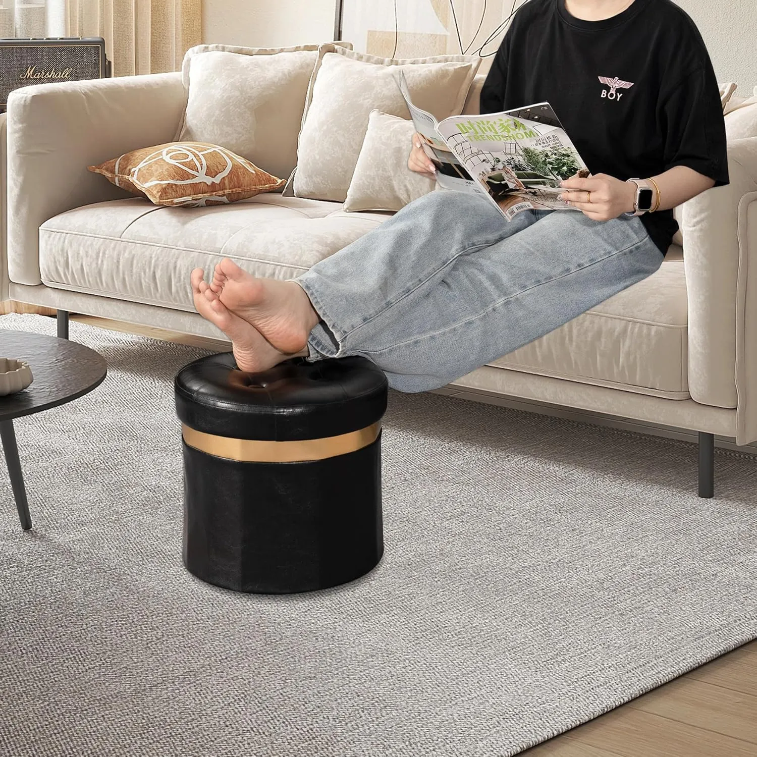 Small Ottoman with Storage,Folding Round Ottoman with Gold Trim,Velvet Storage Stool,Foot Stool with Soft Padded,Foot Rest for Living Room13“x13”x12.4(Publack,2pcs)