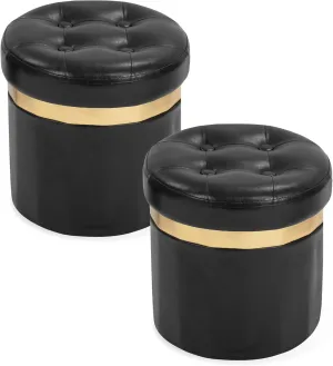 Small Ottoman with Storage,Folding Round Ottoman with Gold Trim,Velvet Storage Stool,Foot Stool with Soft Padded,Foot Rest for Living Room13“x13”x12.4(Publack,2pcs)