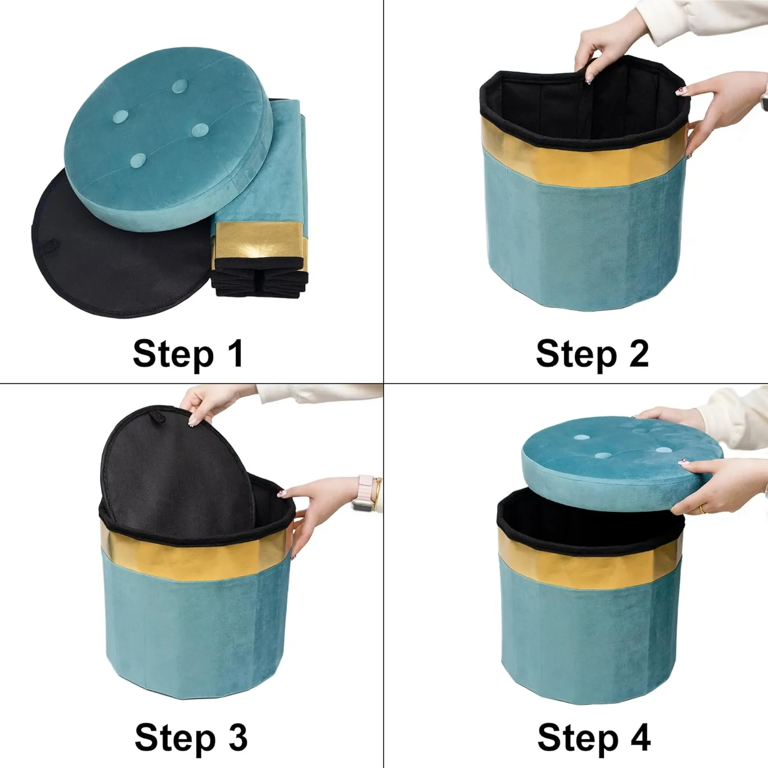 Small Ottoman with Storage,Folding Round Ottoman with Gold Trim,Velvet Storage Stool,Foot Stool with Soft Padded,Foot Rest for Living Room13“x13”x12.4(Publack,2pcs)