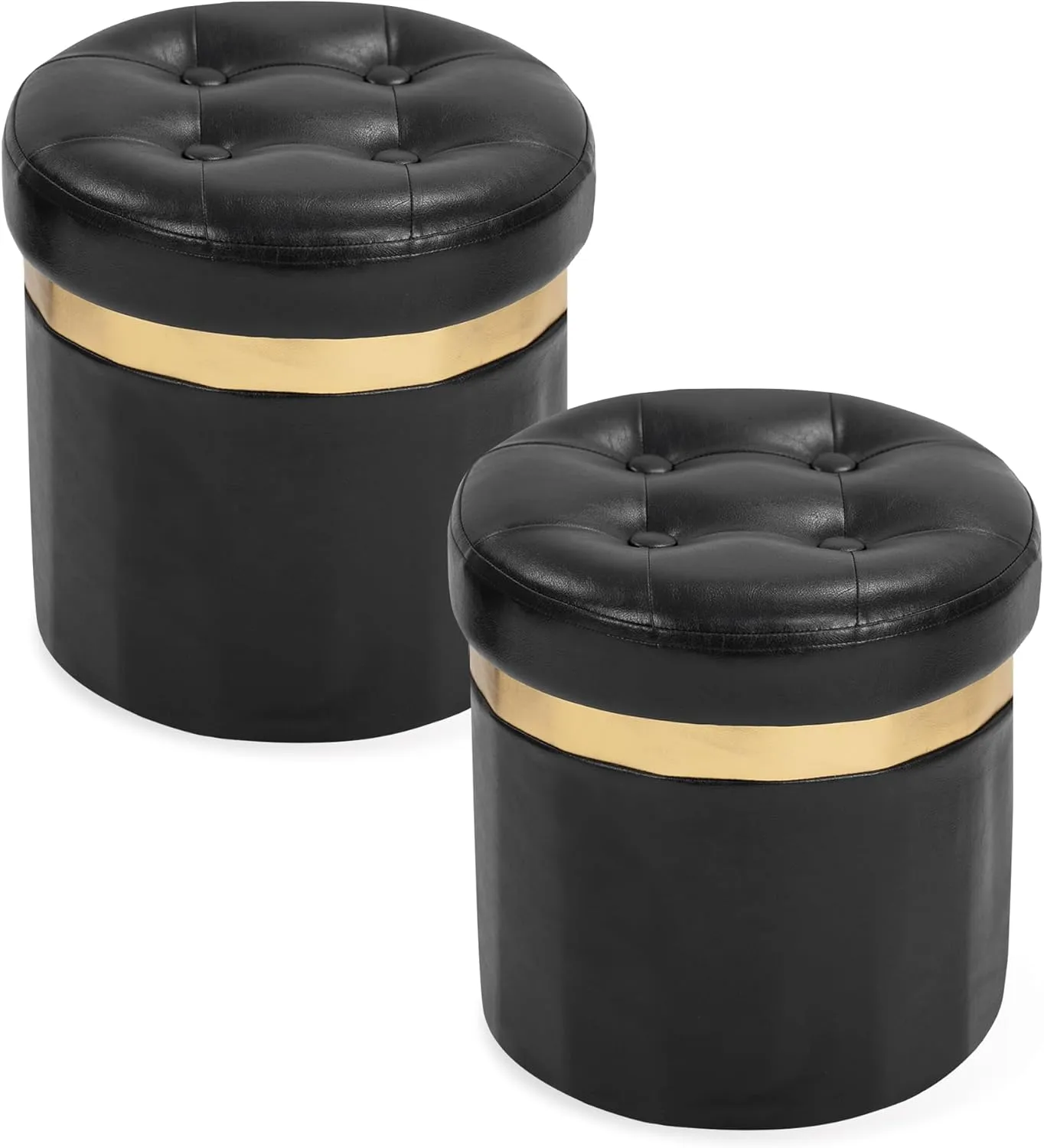 Small Ottoman with Storage,Folding Round Ottoman with Gold Trim,Velvet Storage Stool,Foot Stool with Soft Padded,Foot Rest for Living Room13“x13”x12.4(Publack,2pcs)