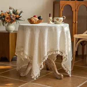 Small Square Tablecloth with Tassels, Beige Weave Textured Cotton Linen Table Cloths Rustic Farmhouse Table Cover Shabby Chic Tabletop Decoration, 36x36 inch