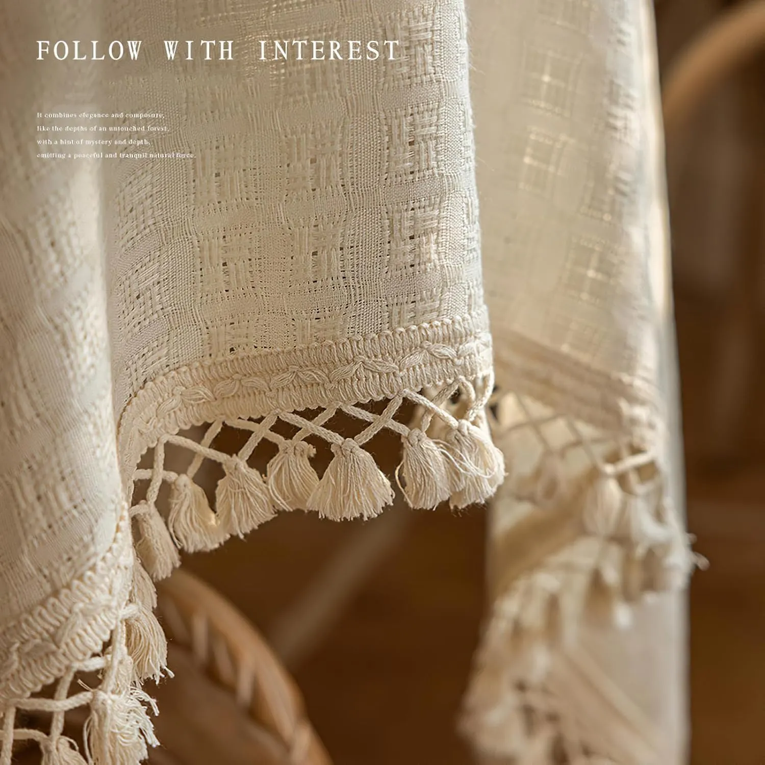 Small Square Tablecloth with Tassels, Beige Weave Textured Cotton Linen Table Cloths Rustic Farmhouse Table Cover Shabby Chic Tabletop Decoration, 36x36 inch
