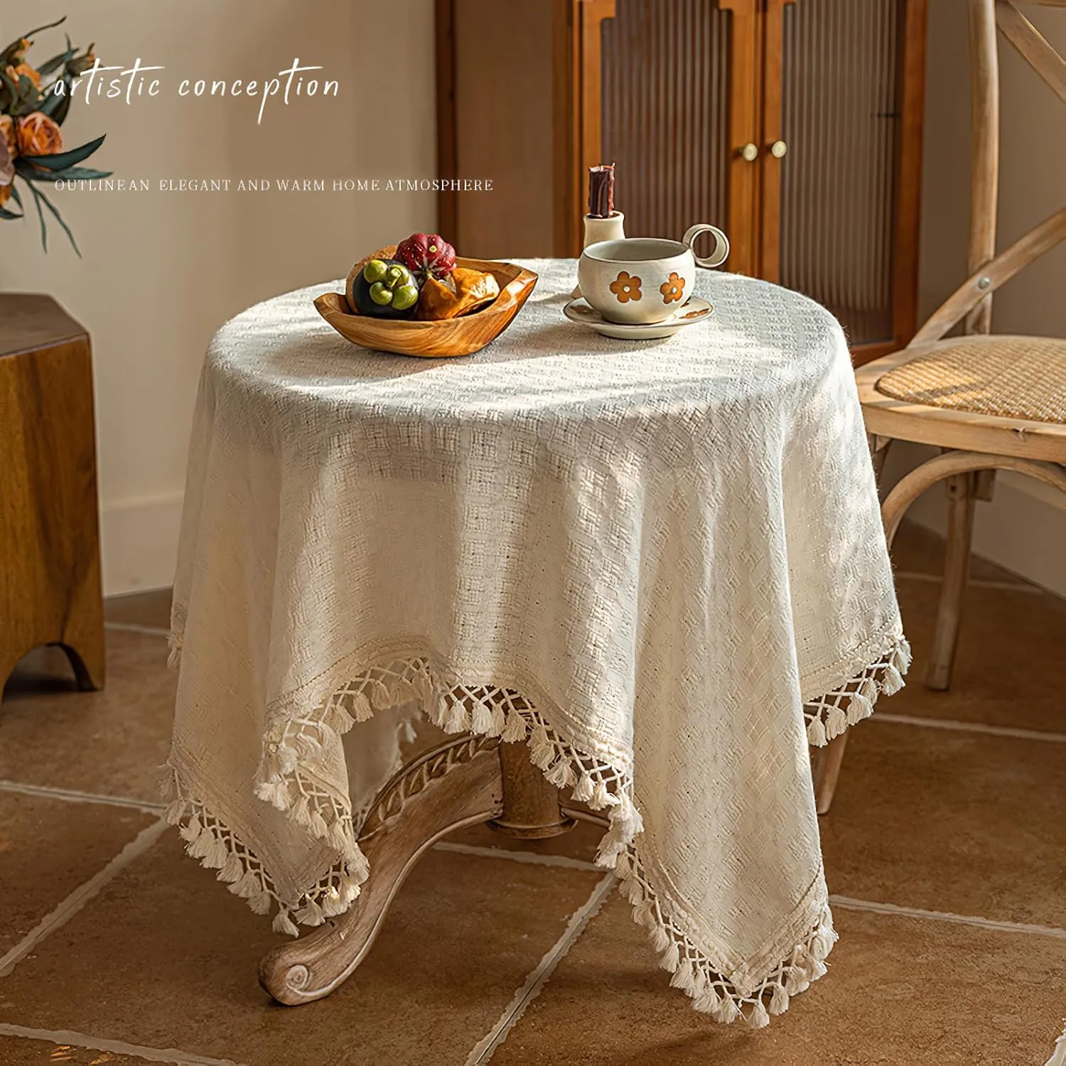 Small Square Tablecloth with Tassels, Beige Weave Textured Cotton Linen Table Cloths Rustic Farmhouse Table Cover Shabby Chic Tabletop Decoration, 36x36 inch