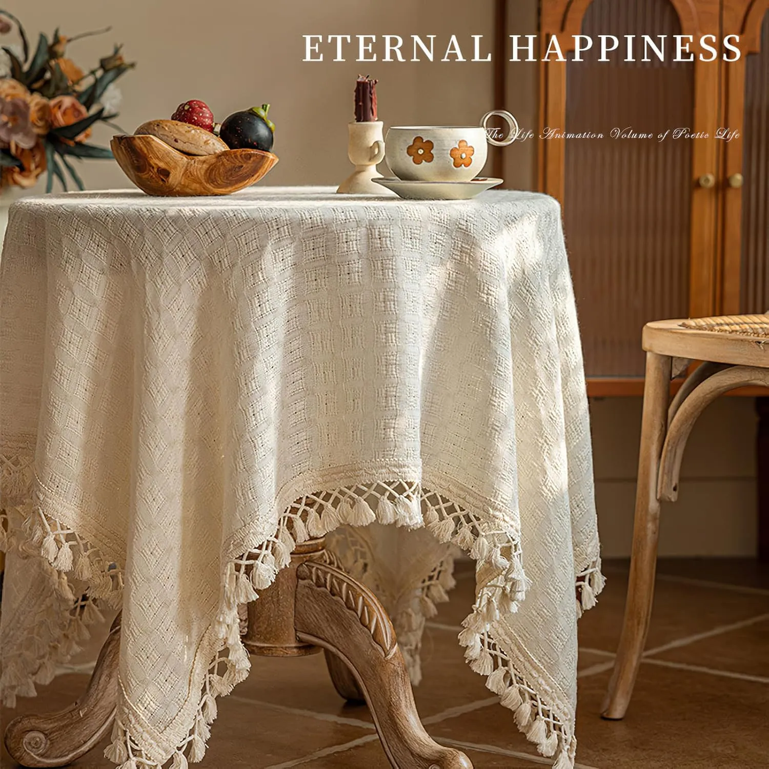 Small Square Tablecloth with Tassels, Beige Weave Textured Cotton Linen Table Cloths Rustic Farmhouse Table Cover Shabby Chic Tabletop Decoration, 36x36 inch