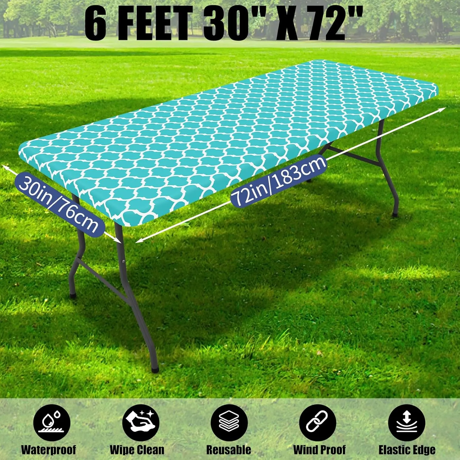 Smiry 2 Pack Rectangle Table Cloth 6 Foot, Waterproof Elastic Fitted Tablecloths, Windproof Washable Polyester Table Cover for Picnic, Camping, Outdoor (Aqua, 30"x72")