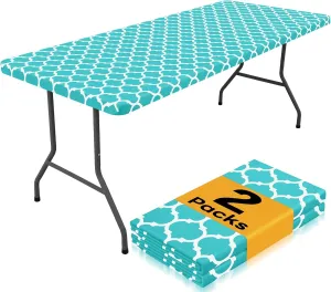 Smiry 2 Pack Rectangle Table Cloth 6 Foot, Waterproof Elastic Fitted Tablecloths, Windproof Washable Polyester Table Cover for Picnic, Camping, Outdoor (Aqua, 30"x72")