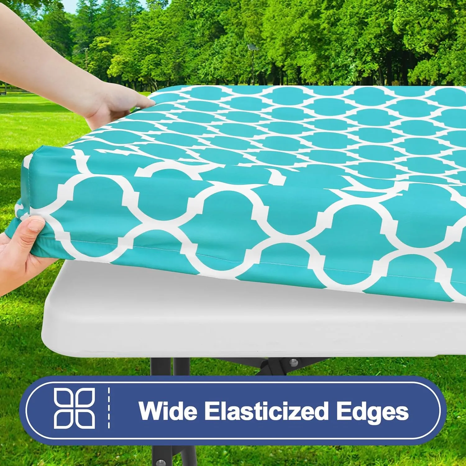 Smiry 2 Pack Rectangle Table Cloth 6 Foot, Waterproof Elastic Fitted Tablecloths, Windproof Washable Polyester Table Cover for Picnic, Camping, Outdoor (Aqua, 30"x72")