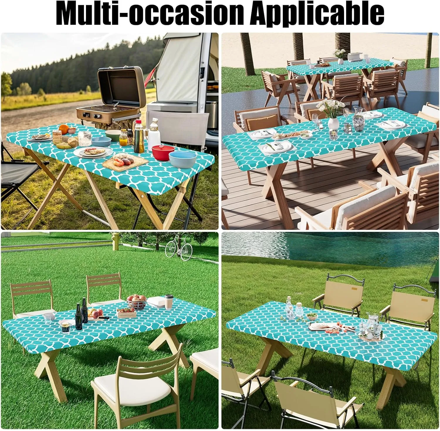Smiry 2 Pack Rectangle Table Cloth 6 Foot, Waterproof Elastic Fitted Tablecloths, Windproof Washable Polyester Table Cover for Picnic, Camping, Outdoor (Aqua, 30"x72")