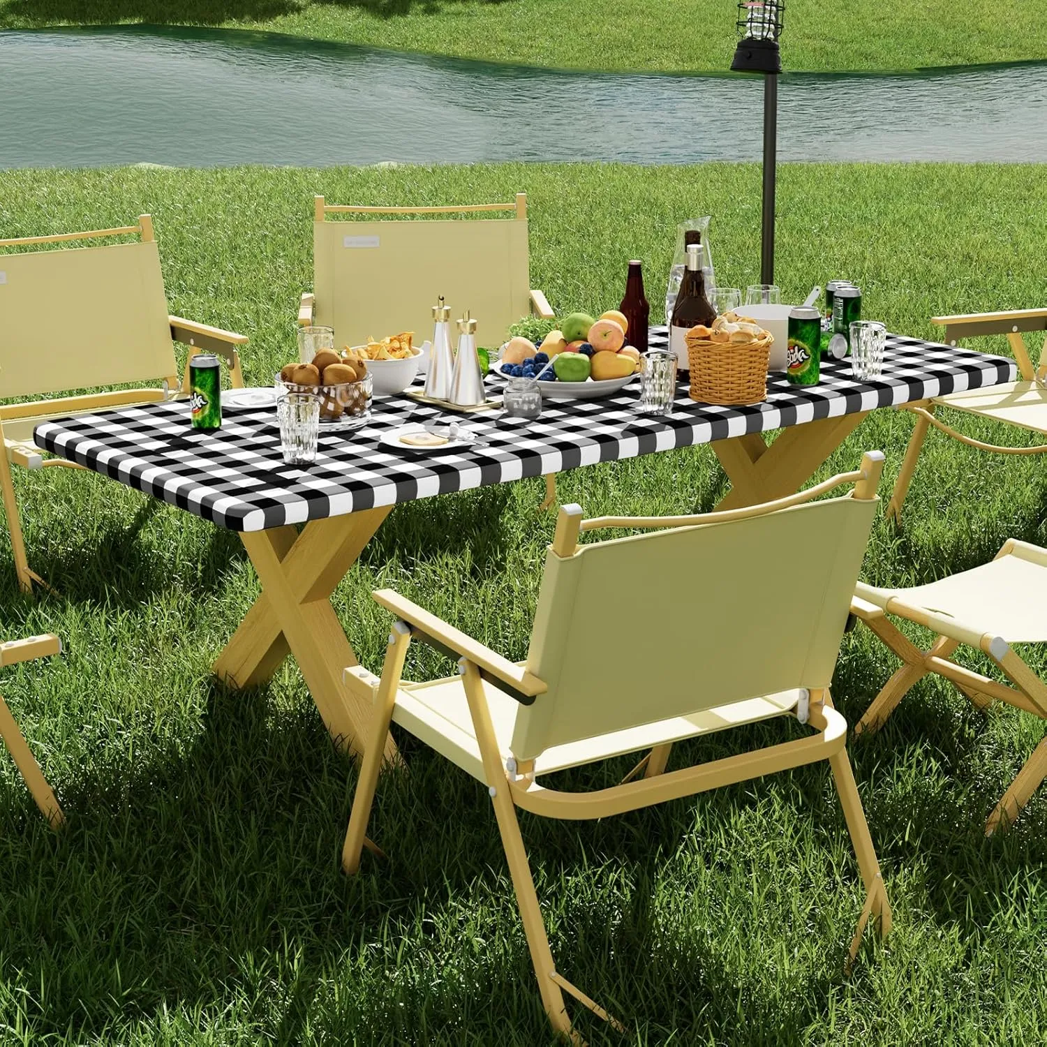 Smiry Picnic Table Cloth 2 Pack, Waterproof Elastic Fitted Tablecloths for 6FT Rectangle Tables, Washable Polyester Buffalo Plaid Tablecloth for Camping, Dining & Outdoor (Black & White, 30" x 72")