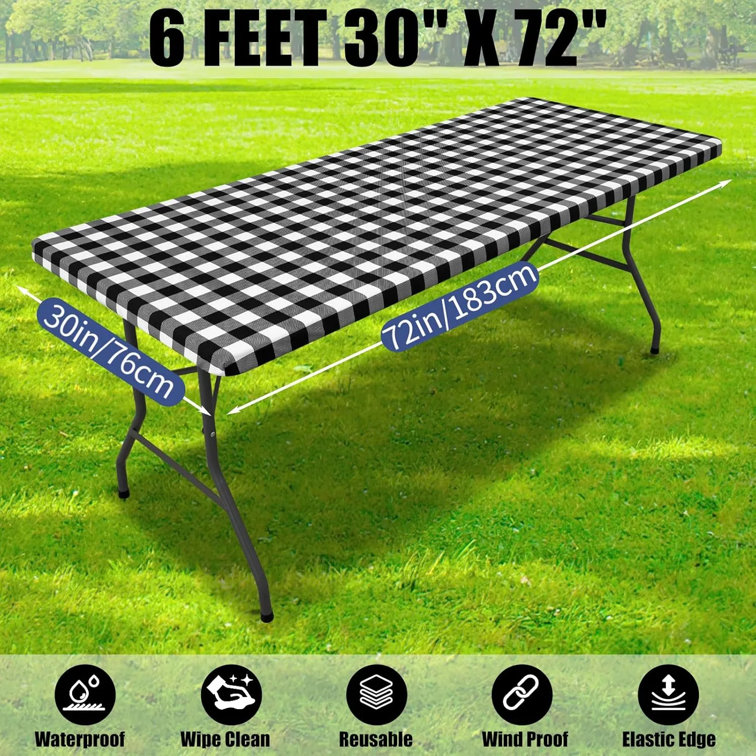 Smiry Picnic Table Cloth 2 Pack, Waterproof Elastic Fitted Tablecloths for 6FT Rectangle Tables, Washable Polyester Buffalo Plaid Tablecloth for Camping, Dining & Outdoor (Black & White, 30" x 72")