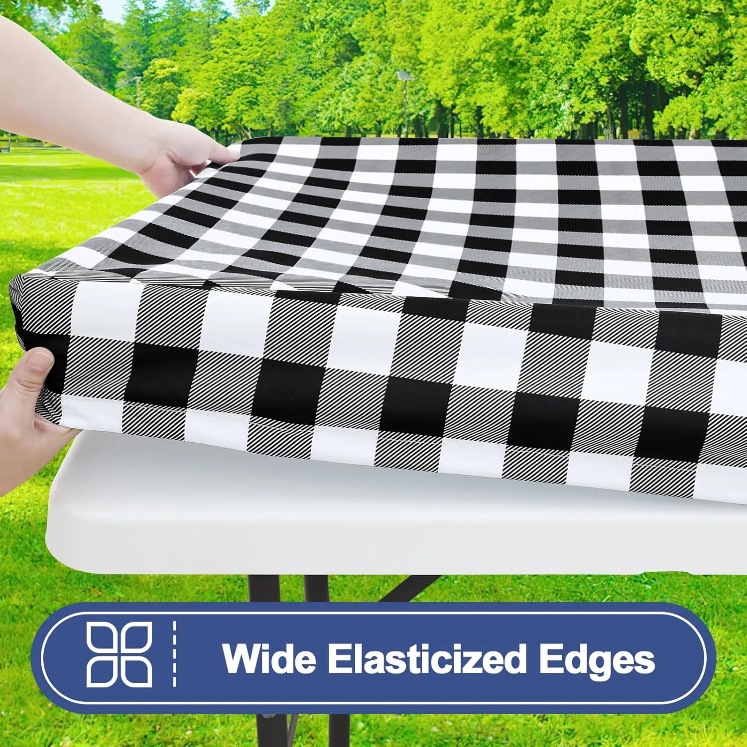 Smiry Picnic Table Cloth 2 Pack, Waterproof Elastic Fitted Tablecloths for 6FT Rectangle Tables, Washable Polyester Buffalo Plaid Tablecloth for Camping, Dining & Outdoor (Black & White, 30" x 72")