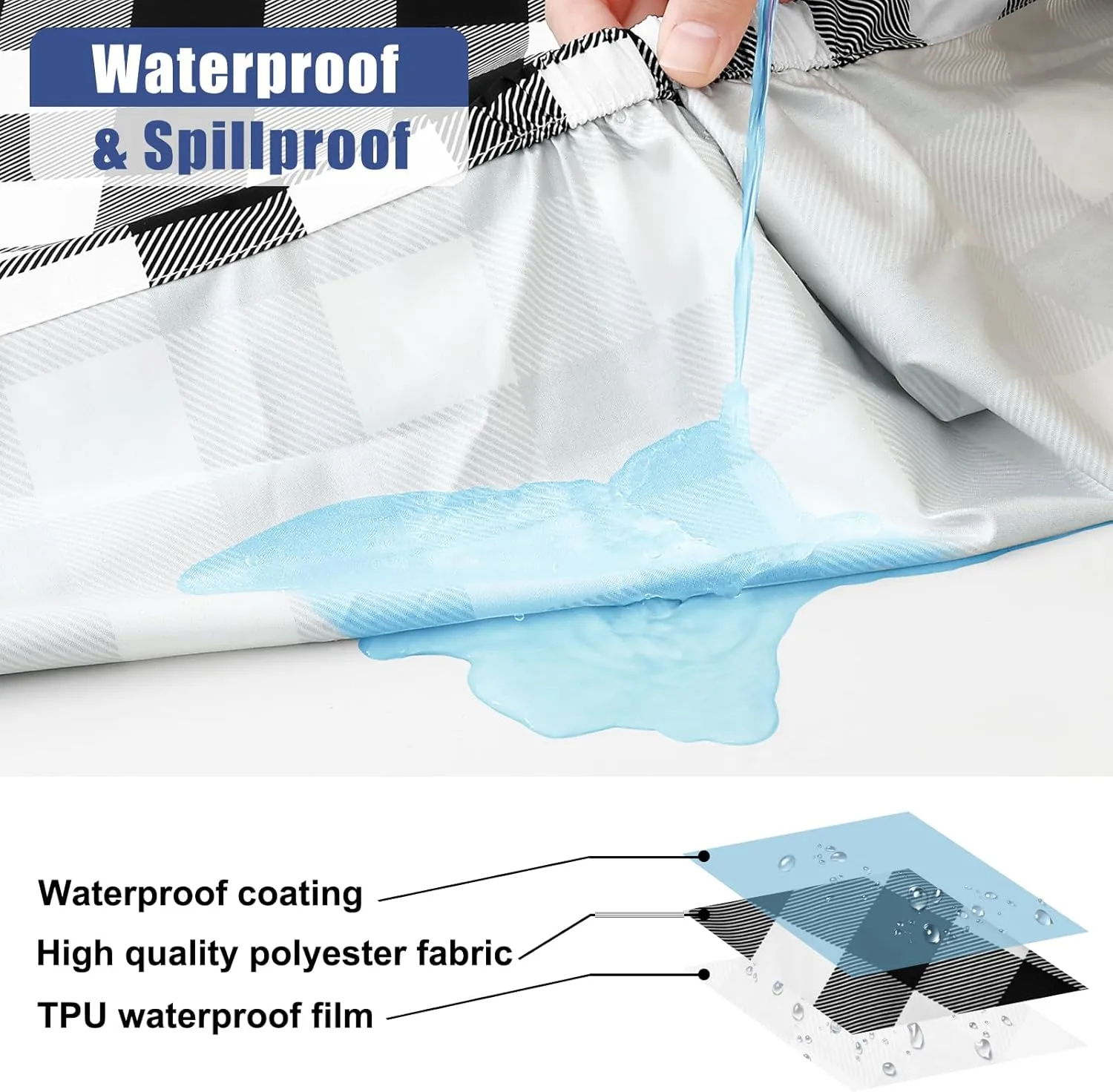 Smiry Picnic Table Cloth 2 Pack, Waterproof Elastic Fitted Tablecloths for 6FT Rectangle Tables, Washable Polyester Buffalo Plaid Tablecloth for Camping, Dining & Outdoor (Black & White, 30" x 72")