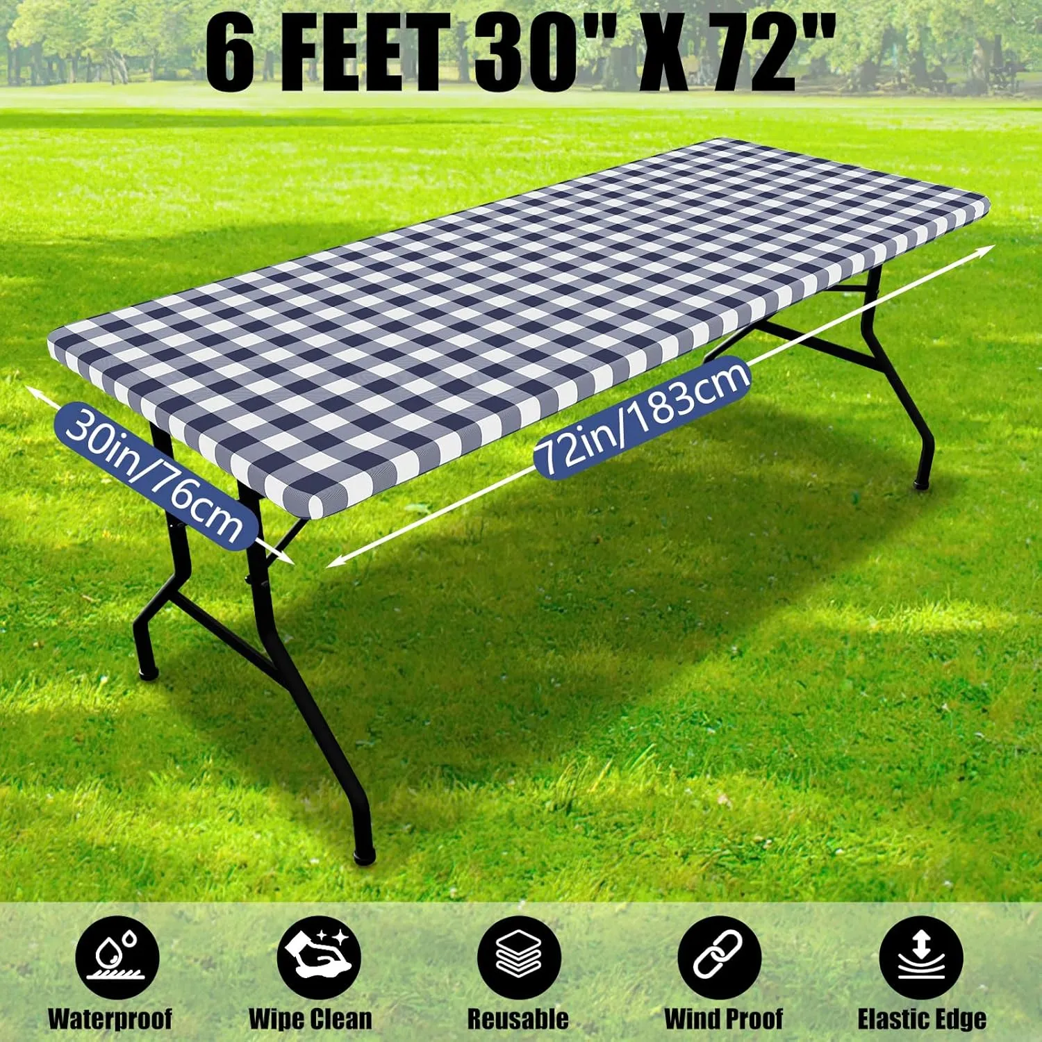 Smiry Picnic Table Cloth 2 Pack, Waterproof Elastic Fitted Tablecloths for 6FT Rectangle Tables, Washable Polyester Buffalo Plaid Tablecloth for Camping, Dining & Outdoor (Navy & White, 30" x 72")