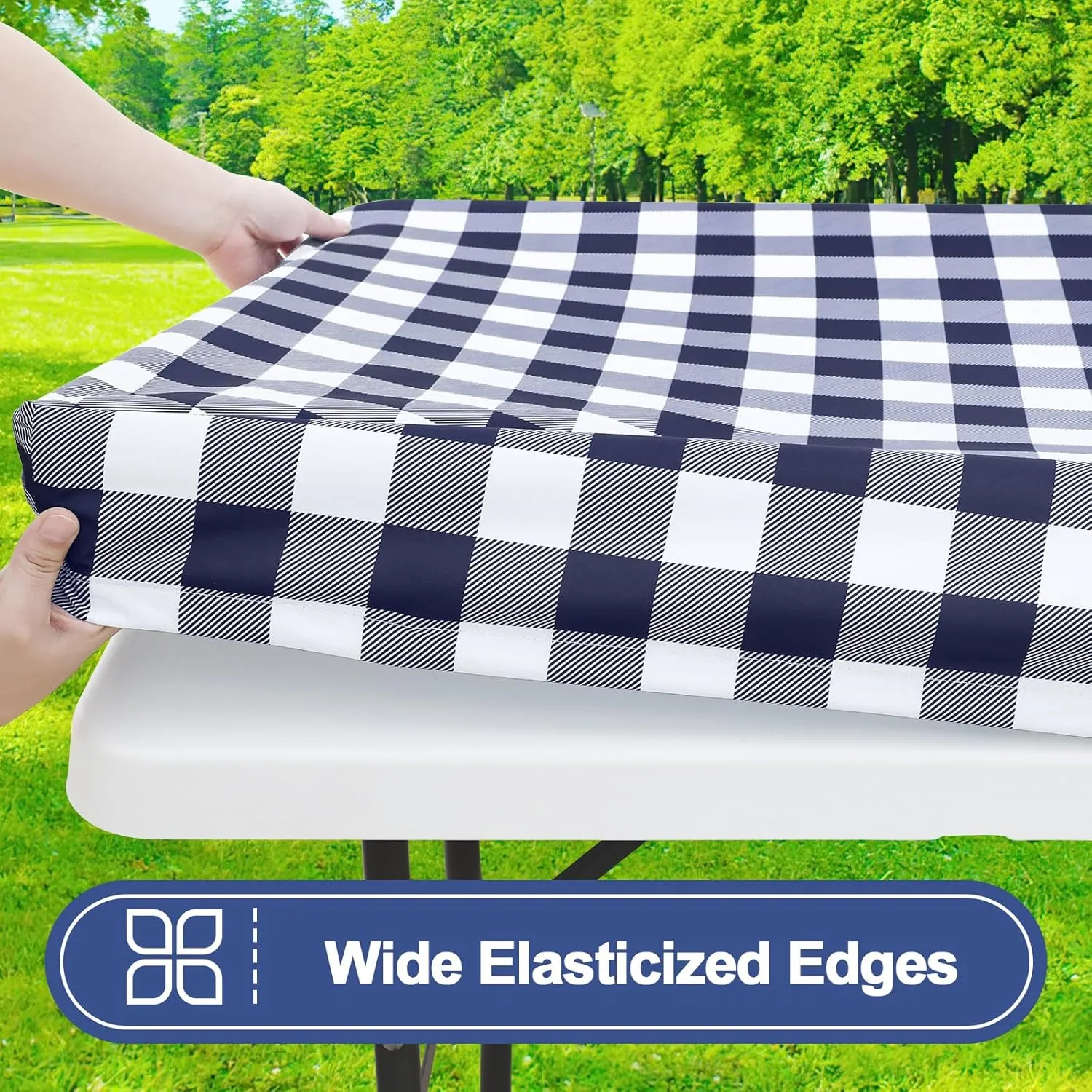 Smiry Picnic Table Cloth 2 Pack, Waterproof Elastic Fitted Tablecloths for 6FT Rectangle Tables, Washable Polyester Buffalo Plaid Tablecloth for Camping, Dining & Outdoor (Navy & White, 30" x 72")