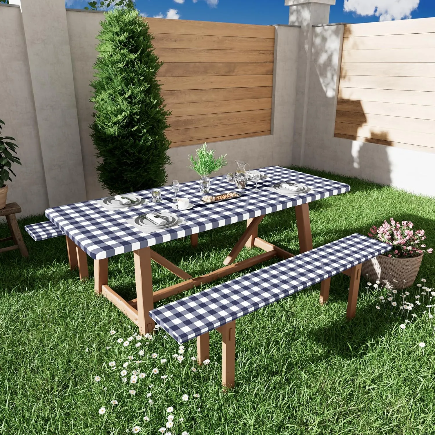 Smiry Picnic Table Cloth 2 Pack, Waterproof Elastic Fitted Tablecloths for 6FT Rectangle Tables, Washable Polyester Buffalo Plaid Tablecloth for Camping, Dining & Outdoor (Navy & White, 30" x 72")