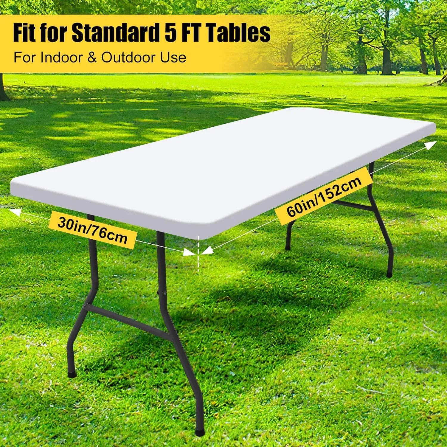 Smiry Rectangle Picnic Table Cloth 2 Pack, Waterproof Elastic Fitted Tablecloths for 5 Foot Tables, Washable Polyester Table Cover for Camping, Indoor and Outdoor (White, 30"x60")