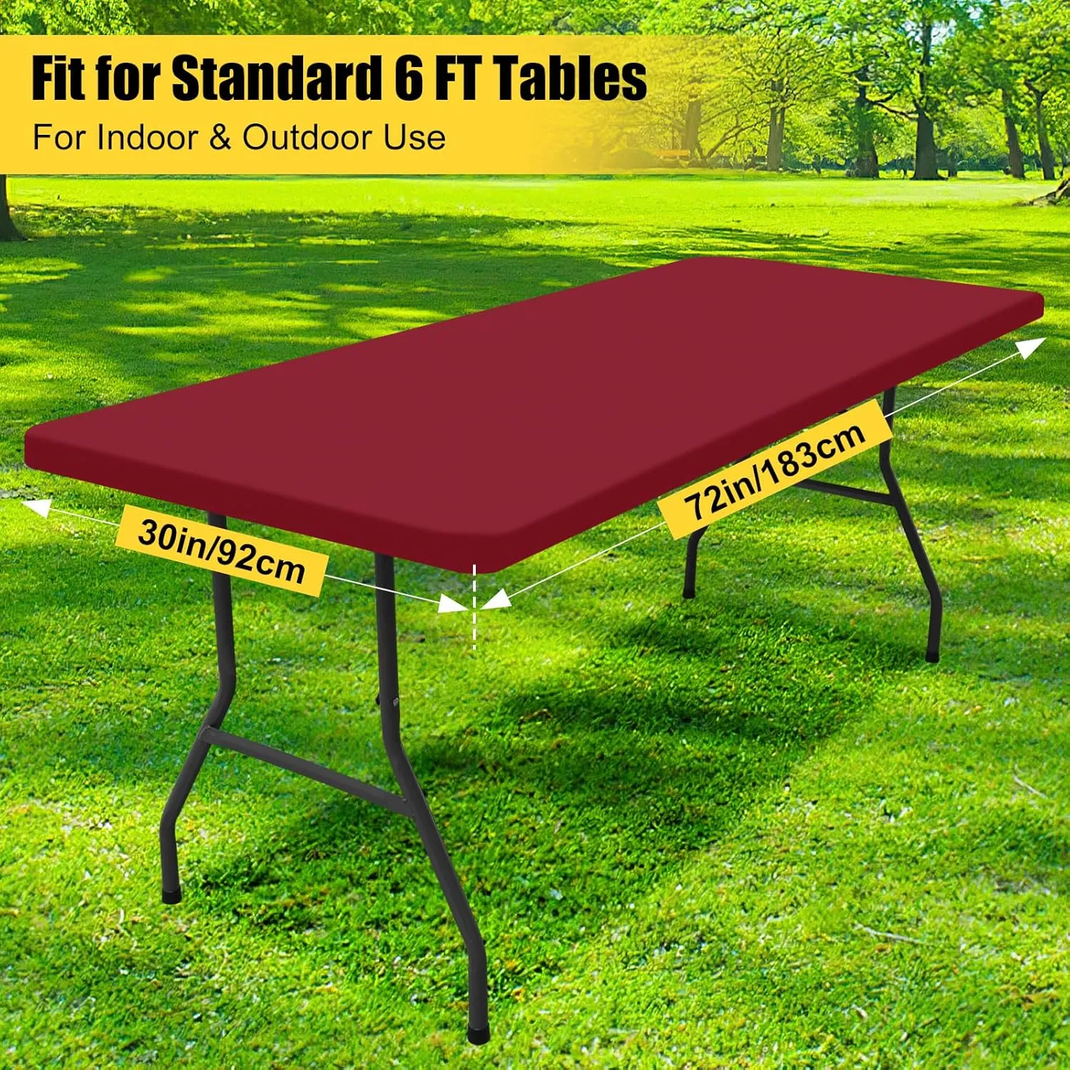 Smiry Rectangle Picnic Table Cloth 2 Pack, Waterproof Elastic Fitted Tablecloths for 6 Foot Tables, Washable Polyester Table Cover for Camping, Banquet and Outdoor (Wine Red, 30"x72")