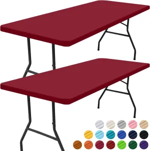 Smiry Rectangle Picnic Table Cloth 2 Pack, Waterproof Elastic Fitted Tablecloths for 6 Foot Tables, Washable Polyester Table Cover for Camping, Banquet and Outdoor (Wine Red, 30"x72")