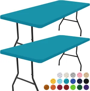 Smiry Rectangle Picnic Table Cloth 2 Pack, Waterproof Elastic Fitted Tablecloths for 6 Foot Tables, Washable Polyester Table Cover for Camping, Indoor and Outdoor (Teal, 30"x72")