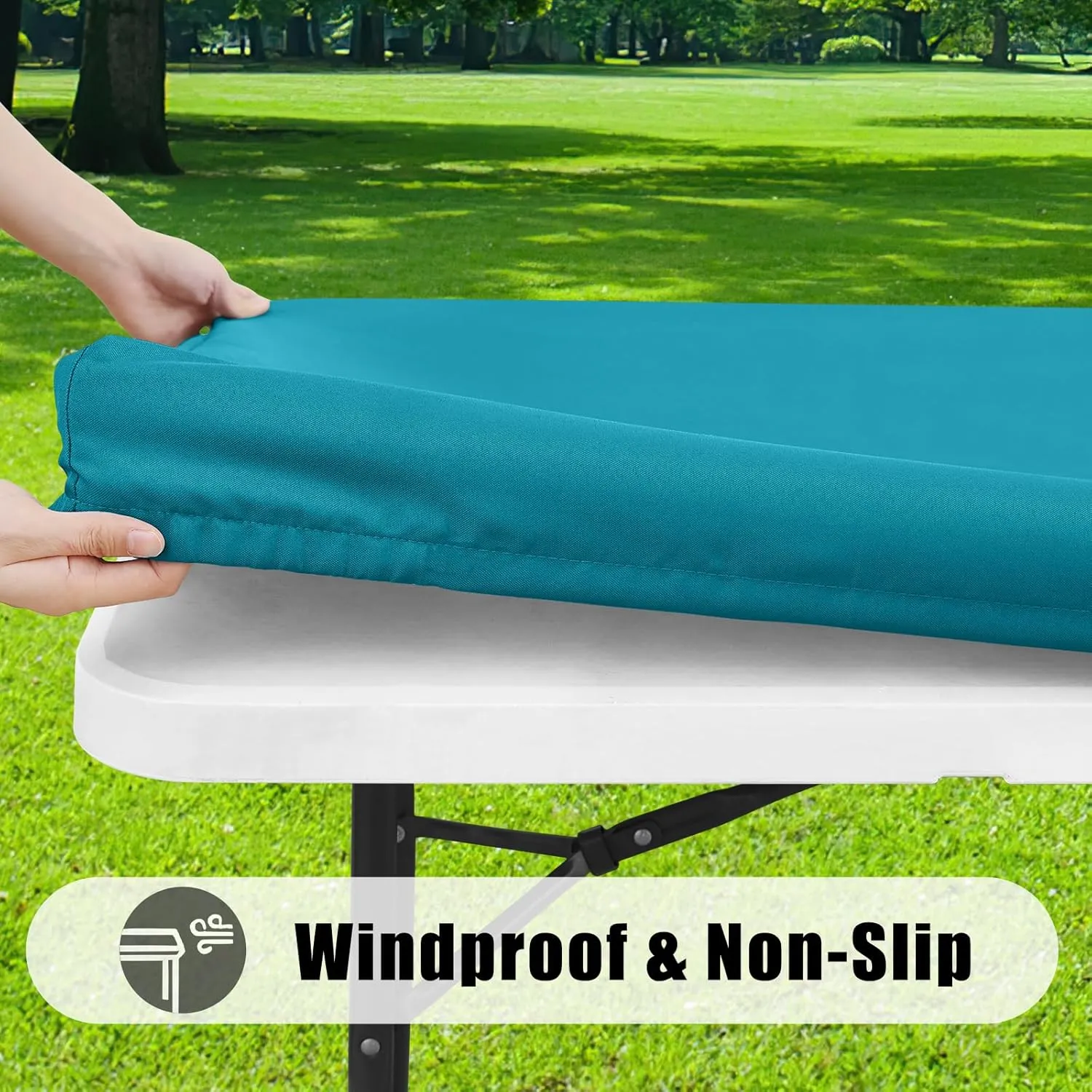 Smiry Rectangle Picnic Table Cloth 2 Pack, Waterproof Elastic Fitted Tablecloths for 6 Foot Tables, Washable Polyester Table Cover for Camping, Indoor and Outdoor (Teal, 30"x72")