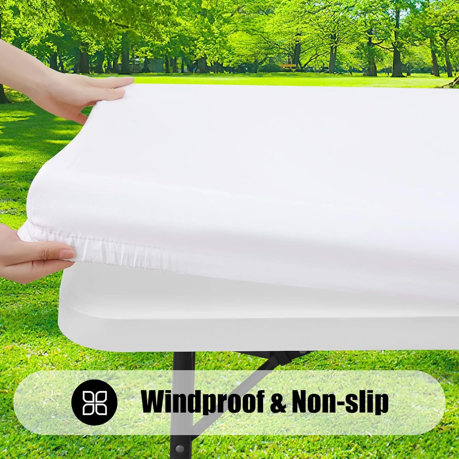 Smiry Rectangle Picnic Table Cloth 2 Pack, Waterproof Elastic Fitted Tablecloths for 8 Foot Tables, Washable Polyester Table Cover for Camping, Indoor and Outdoor (White, 30"x96")
