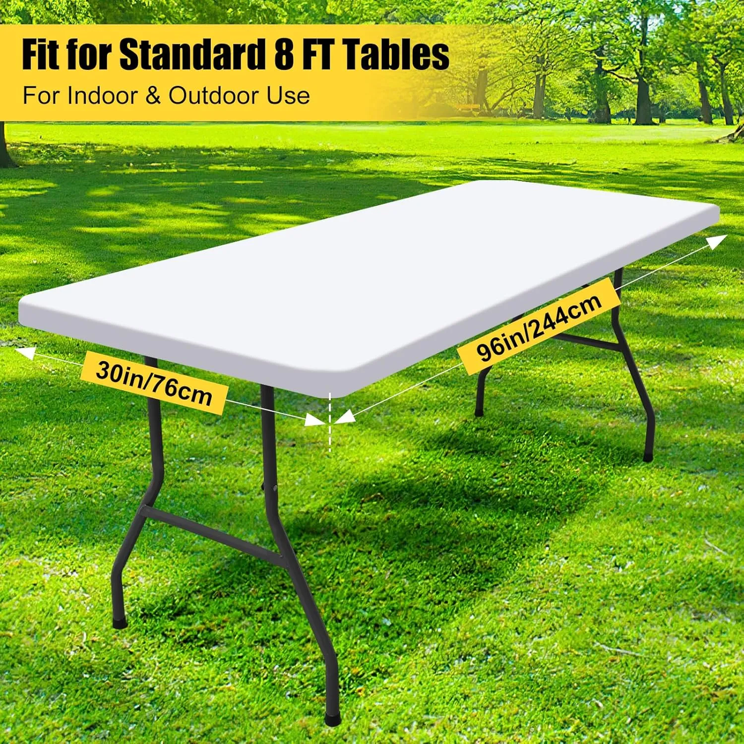 Smiry Rectangle Picnic Table Cloth 2 Pack, Waterproof Elastic Fitted Tablecloths for 8 Foot Tables, Washable Polyester Table Cover for Camping, Indoor and Outdoor (White, 30"x96")