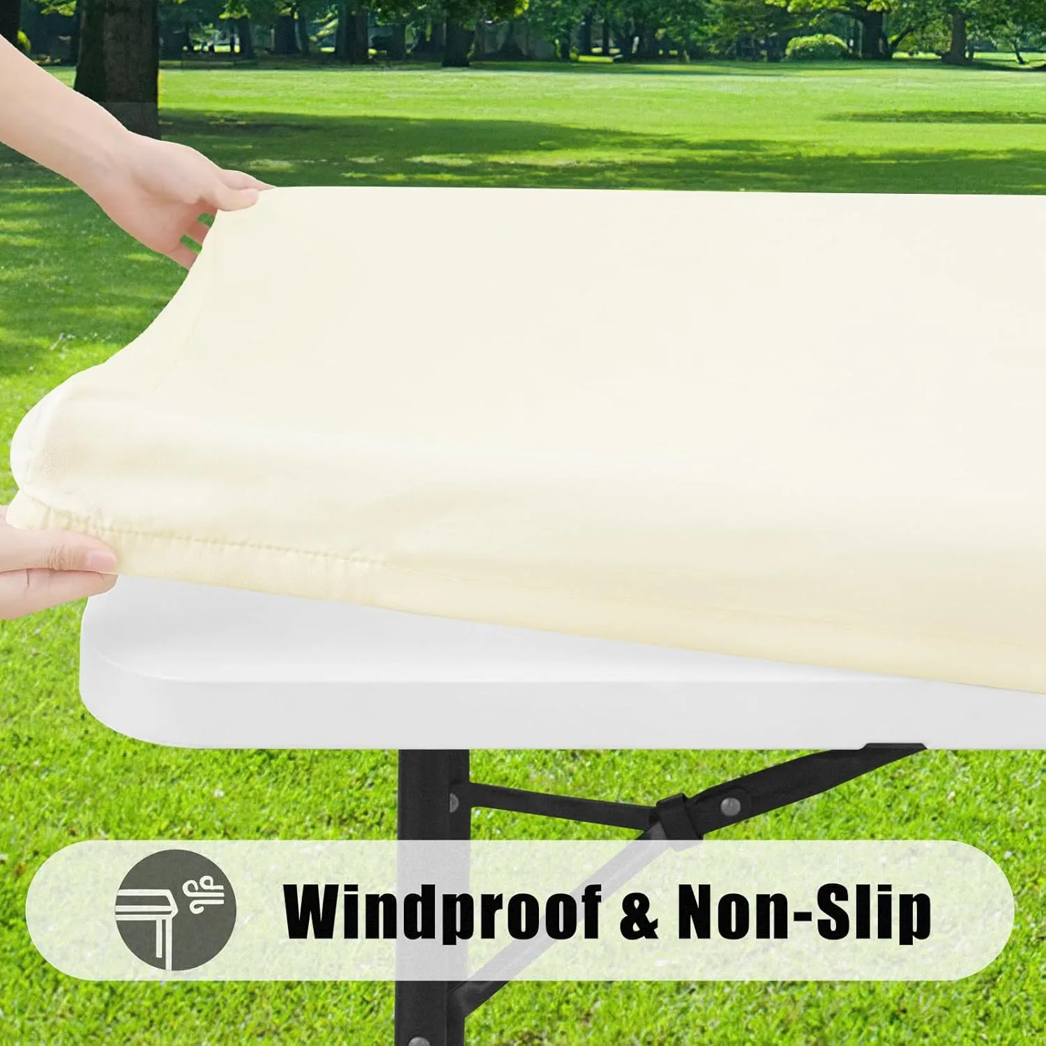 Smiry Rectangle Picnic Table Cloth 6 Pack, Waterproof Elastic Fitted Tablecloths for 6 Foot Tables, Washable Polyester Table Cover for Camping, Indoor and Outdoor (Beige, 30"x72")