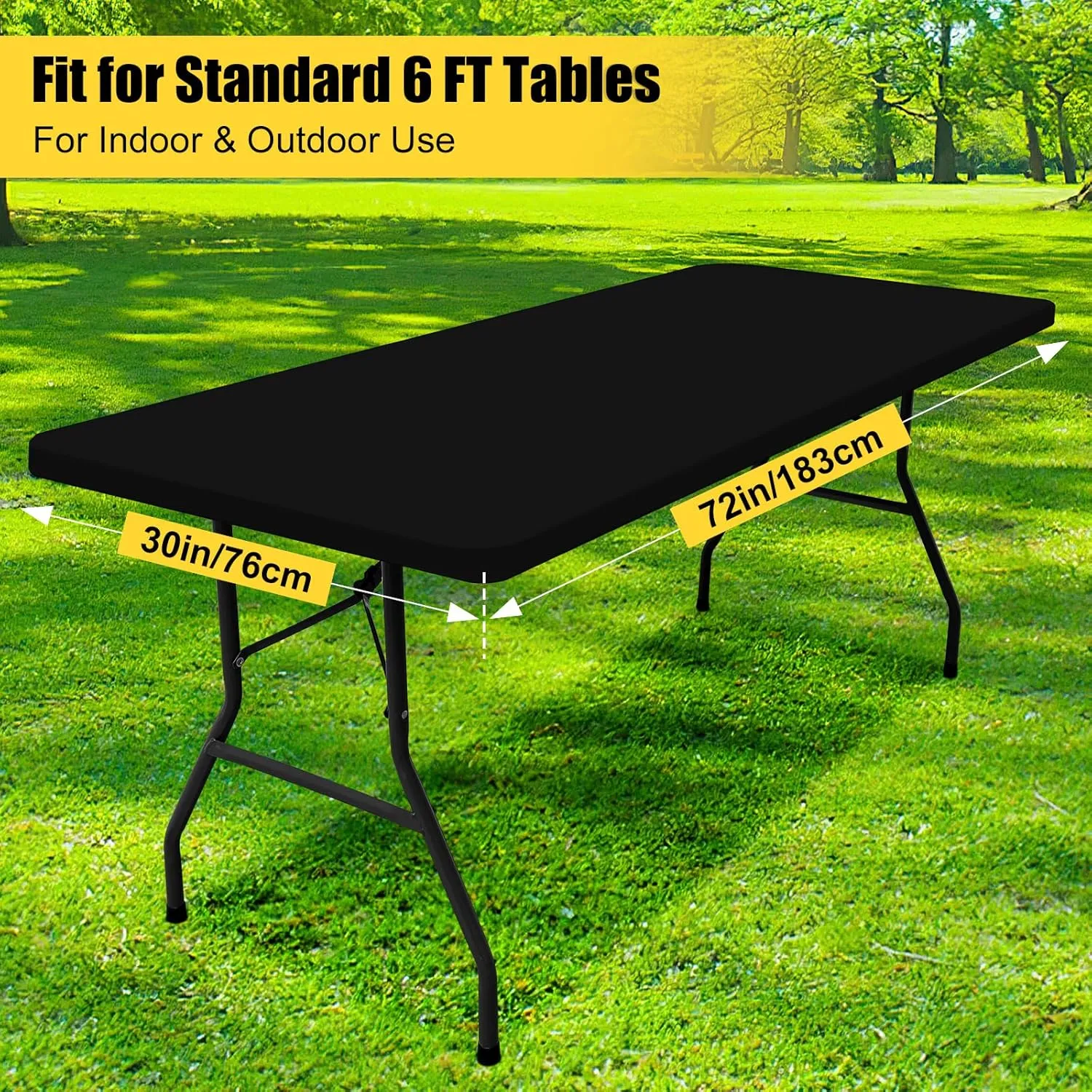 Smiry Rectangle Picnic Table Cloth 6 Pack, Waterproof Elastic Fitted Tablecloths for 6 Foot Tables, Washable Polyester Table Cover for Camping, Outdoor and Indoor (Black, 30"x72")