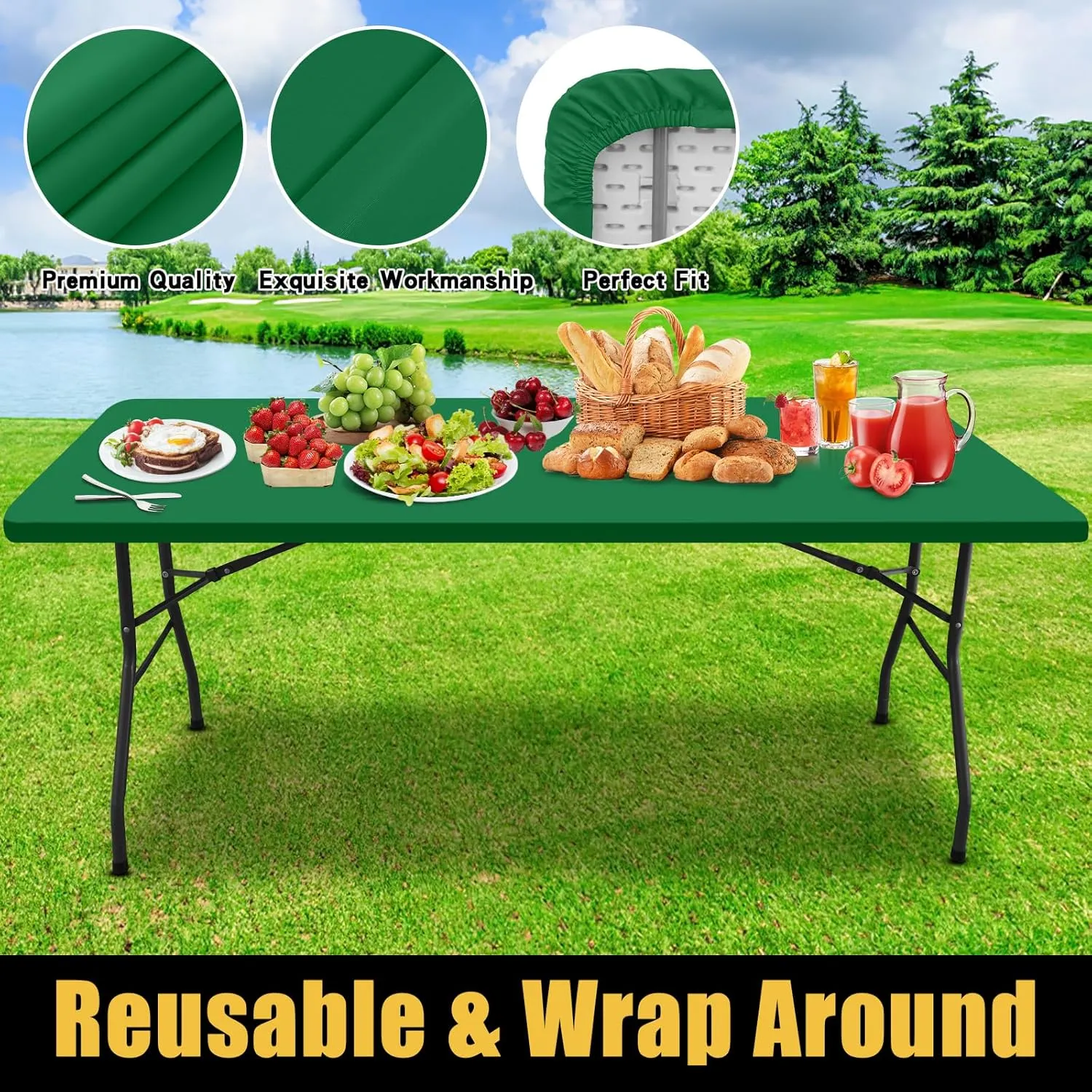 Smiry Rectangle Picnic Table Cloth, Waterproof Elastic Fitted Tablecloths for 6 Foot Tables, Washable Polyester Table Cover for Camping, Indoor and Outdoor (Hunter Green, 30"x72")