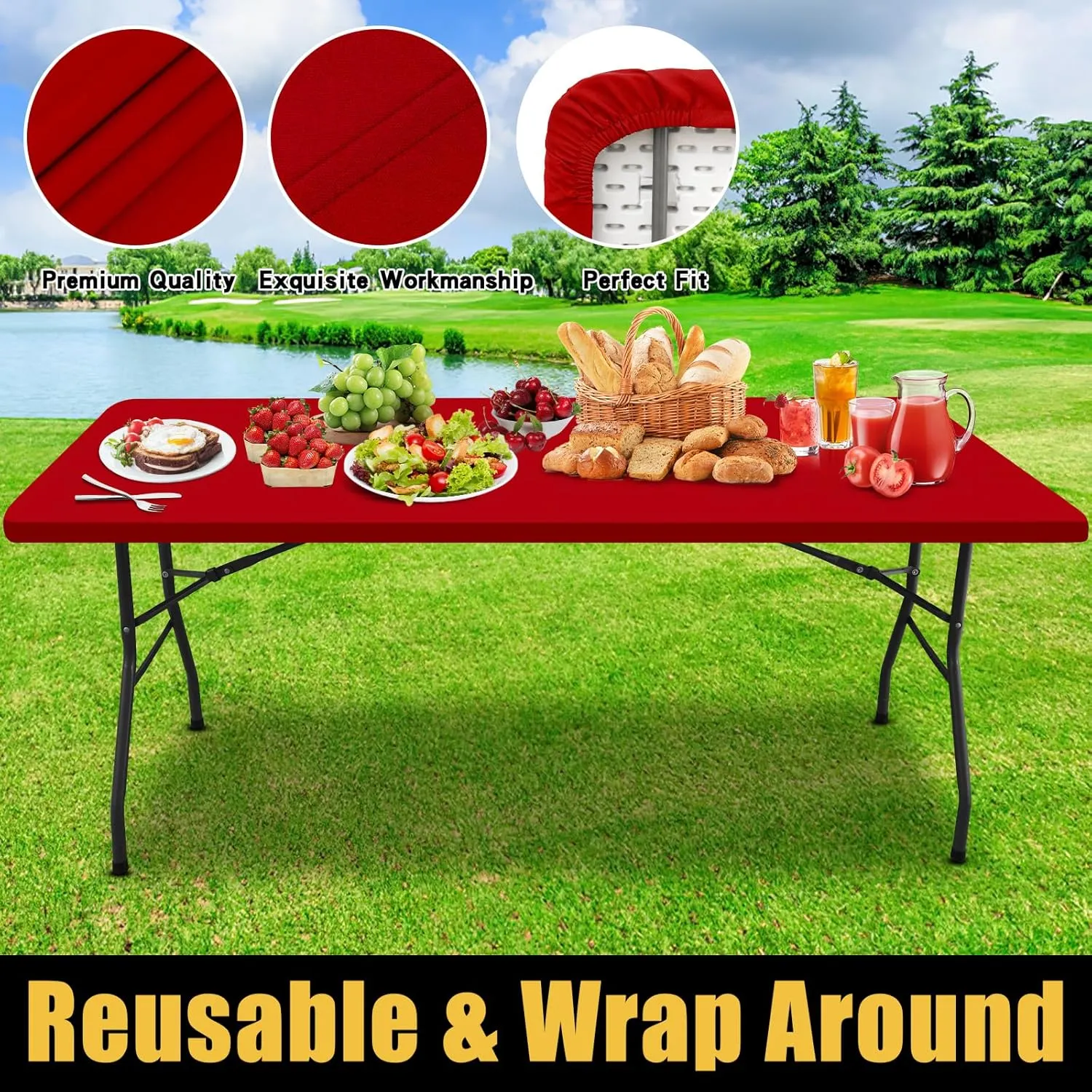 Smiry Rectangle Picnic Table Cloth, Waterproof Elastic Fitted Tablecloths for 6 Foot Tables, Washable Polyester Table Cover for Camping, Indoor and Outdoor (Red, 30"x72")