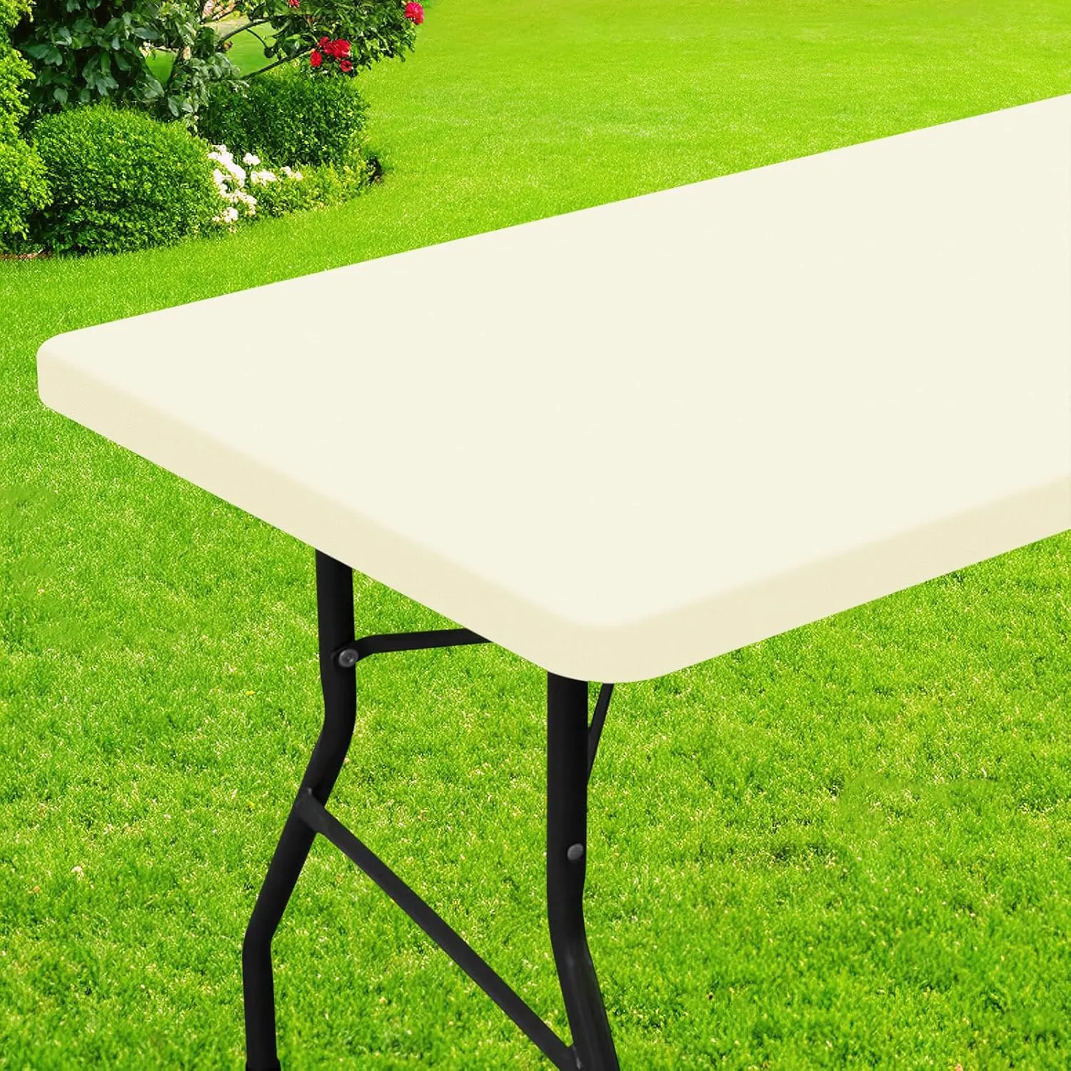 Smiry Rectangle Picnic Table Cloth, Waterproof Elastic Fitted Tablecloths for 8 Foot Tables, Washable Polyester Table Cover for Camping, Indoor and Outdoor (Beige, 30"x96")