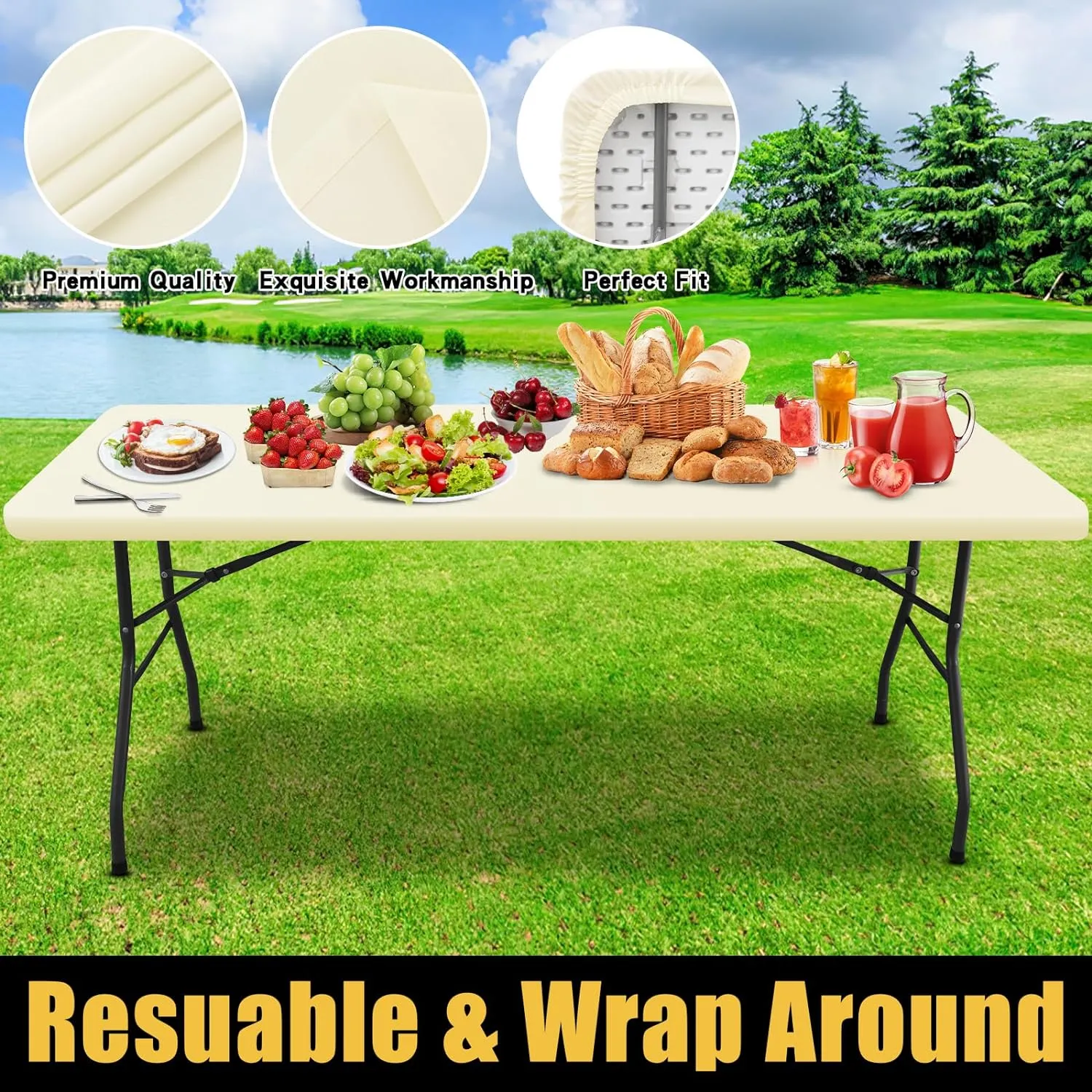 Smiry Rectangle Picnic Table Cloth, Waterproof Elastic Fitted Tablecloths for 8 Foot Tables, Washable Polyester Table Cover for Camping, Indoor and Outdoor (Beige, 30"x96")