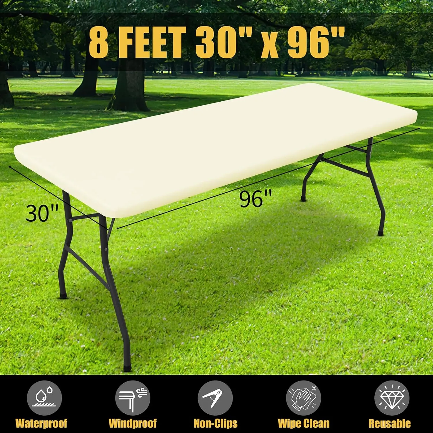 Smiry Rectangle Picnic Table Cloth, Waterproof Elastic Fitted Tablecloths for 8 Foot Tables, Washable Polyester Table Cover for Camping, Indoor and Outdoor (Beige, 30"x96")