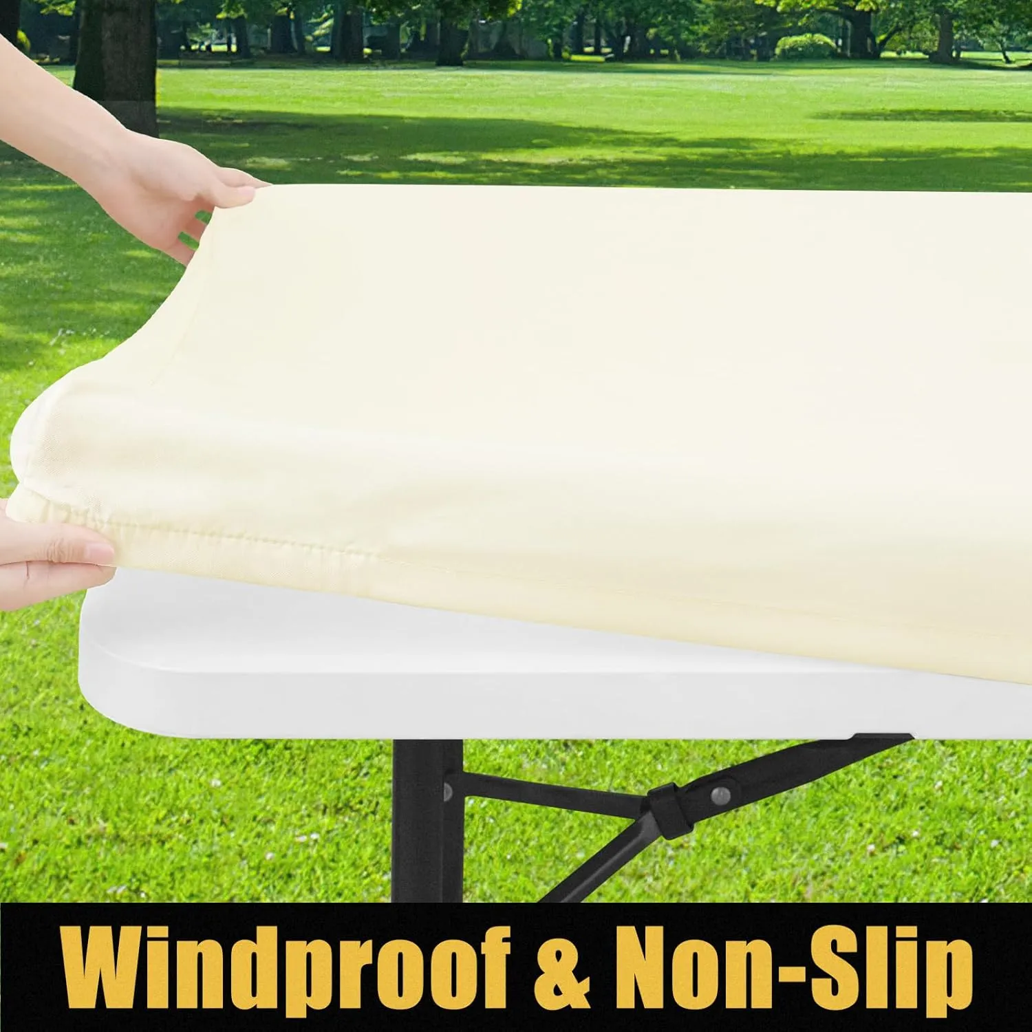 Smiry Rectangle Picnic Table Cloth, Waterproof Elastic Fitted Tablecloths for 8 Foot Tables, Washable Polyester Table Cover for Camping, Indoor and Outdoor (Beige, 30"x96")
