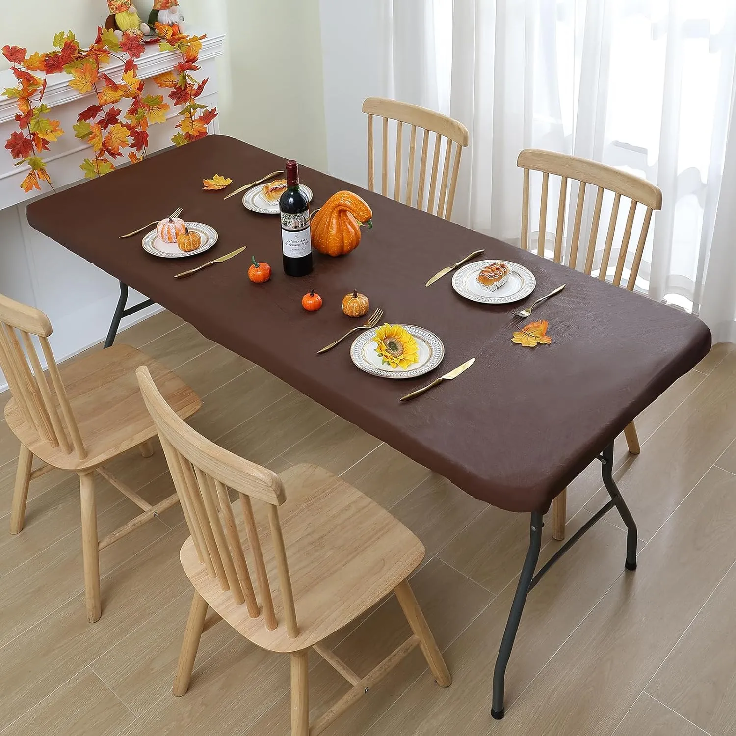 Smiry Rectangle Tablecloth, Elastic Fitted Flannel Backed Vinyl Tablecloths for 6ft Folding Tables, Waterproof Wipeable Table Covers for Indoor, Outdoor, Picnic and Camping (Coffee, 30"x72")