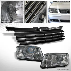 SMOKE HEAD LIGHTS SIGNAL FOG MATTE BLACK HORIZONTAL GRILL GRILLE 99-05 JETTA MK4