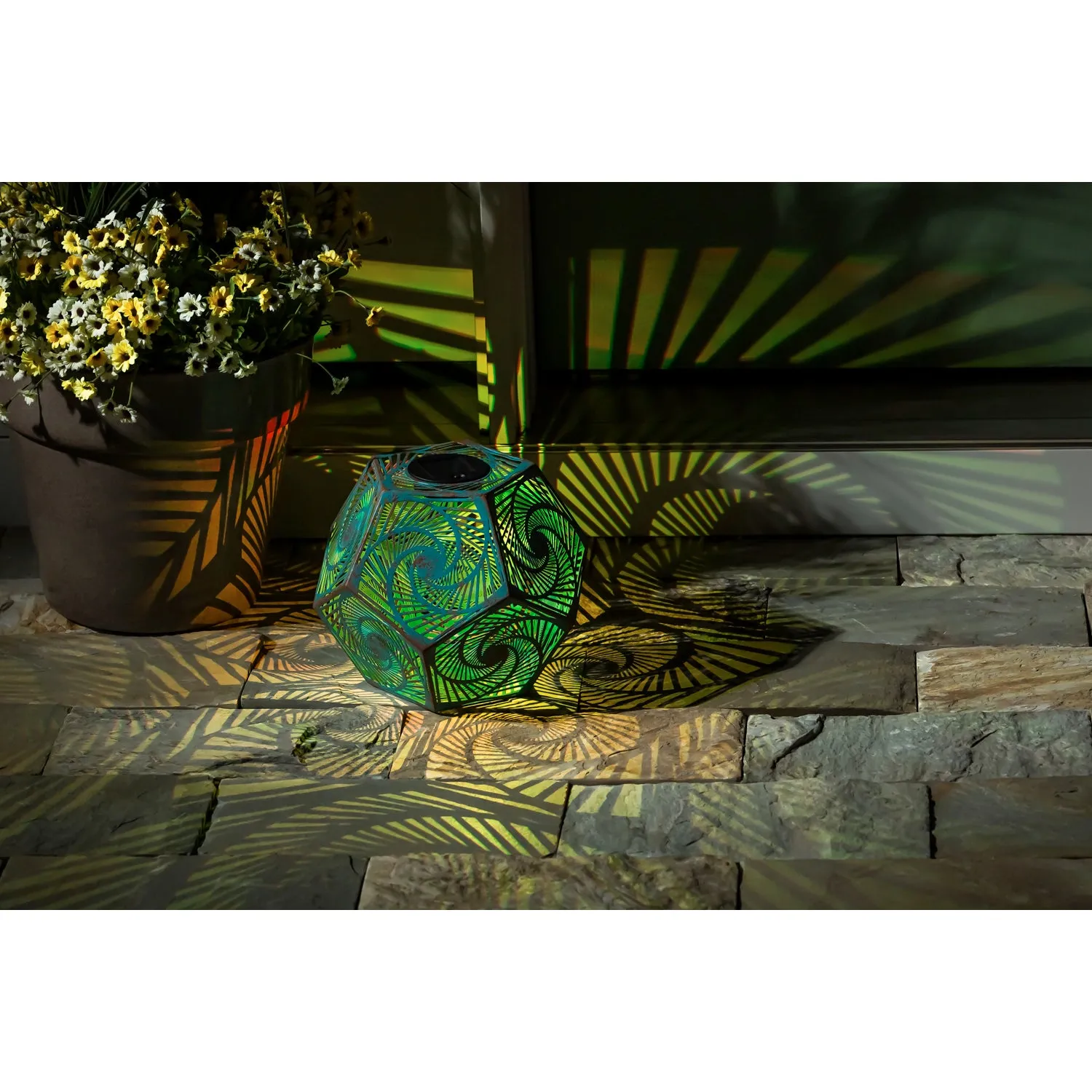 Solar Color Changing Metal Cut Out Lantern, Large,10"x10"x8.5"inches