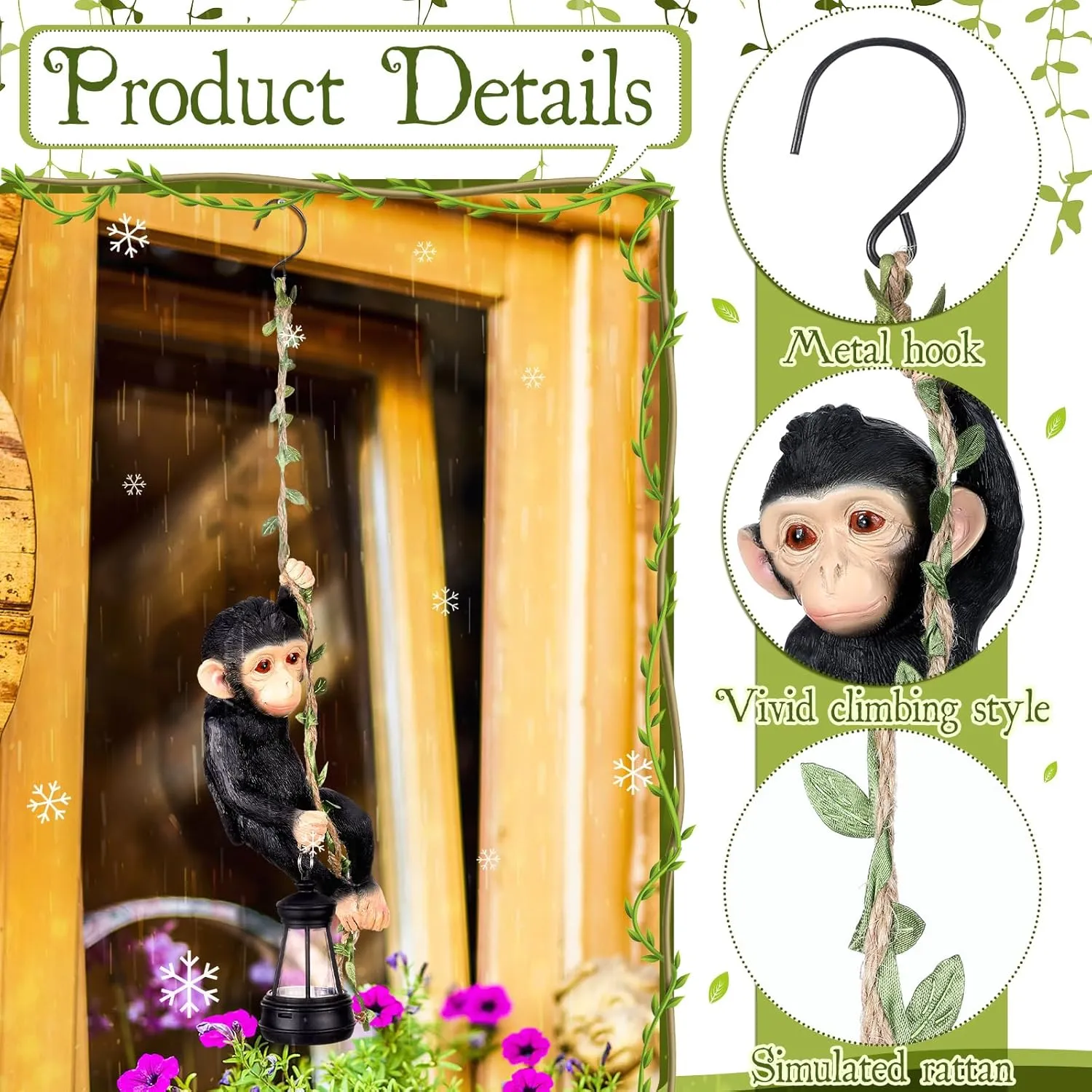 Solar Light Outdoor Statues 7.48'' H Resin Chimpanzee Baby Monkey Climbing On A 19.68" L Vine with LED Lantern Waterproof Hanging Monkey Figurine with Hook for Yard Garden Wall (Black)