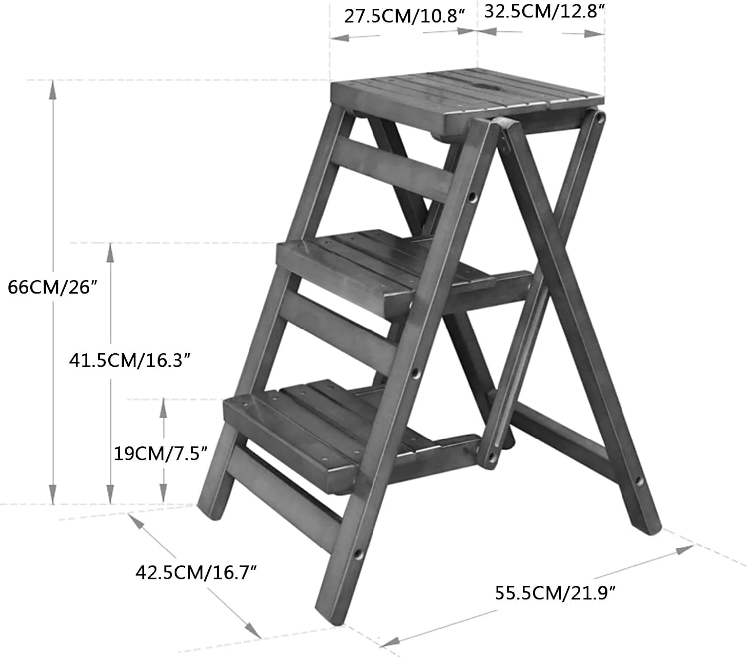 Solid Wood Stair Stool Portable Folding Three-Step Ladder Home Load-Bearing Flower Stand Unfolded Height 66 cm (Color : A)