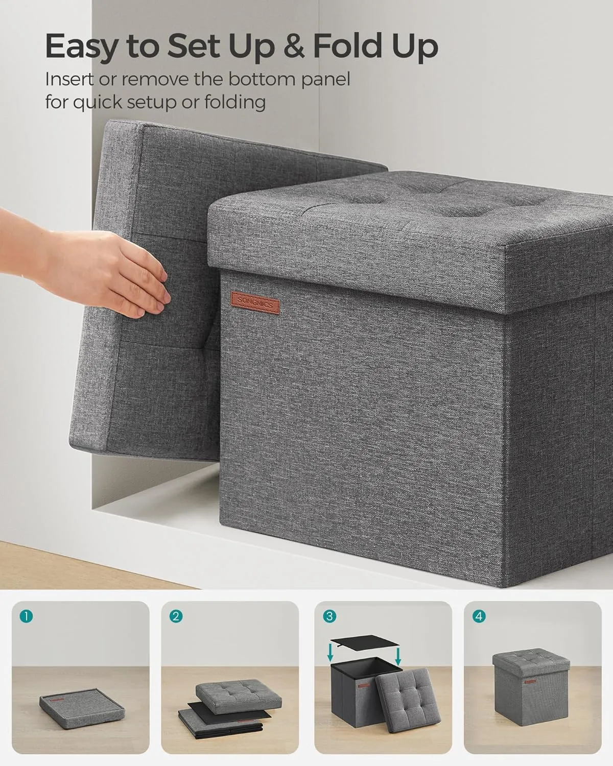 SONGMICS 11.8 Inches Small Folding Storage Ottoman Cube, Storage Footrest, Foot Rest Stool, for Living Room, Bedroom, Dorm, Dark Gray ULSF028G01