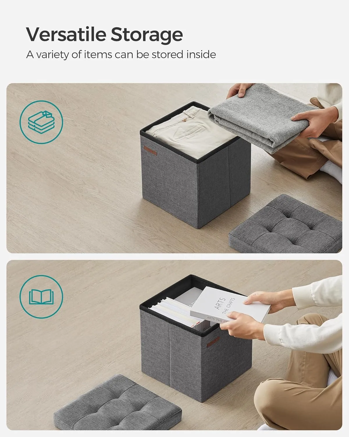 SONGMICS 11.8 Inches Small Folding Storage Ottoman Cube, Storage Footrest, Foot Rest Stool, for Living Room, Bedroom, Dorm, Dark Gray ULSF028G01