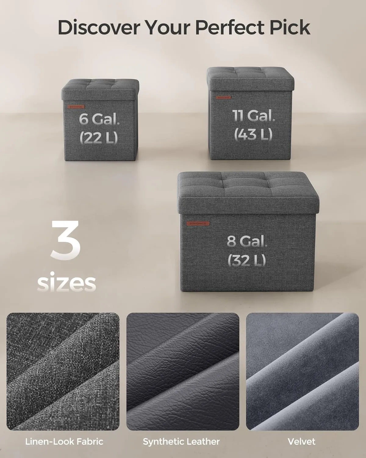 SONGMICS 11.8 Inches Small Folding Storage Ottoman Cube, Storage Footrest, Foot Rest Stool, for Living Room, Bedroom, Dorm, Dark Gray ULSF028G01
