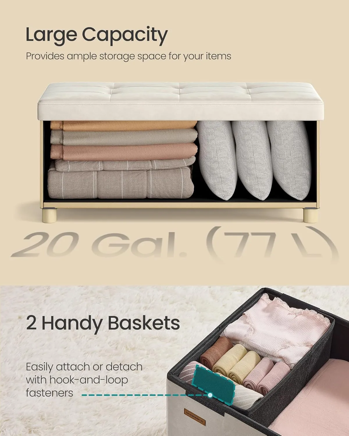 SONGMICS Storage Ottoman Bench, Folding Storage Chest, 15 x 30 x 15.2 Inches, Foot Rest Stool, 20 Gal. (77 L), Velvet Surface, for Bedroom, Entryway, Living Room, Cappuccino Beige ULSF0517W02