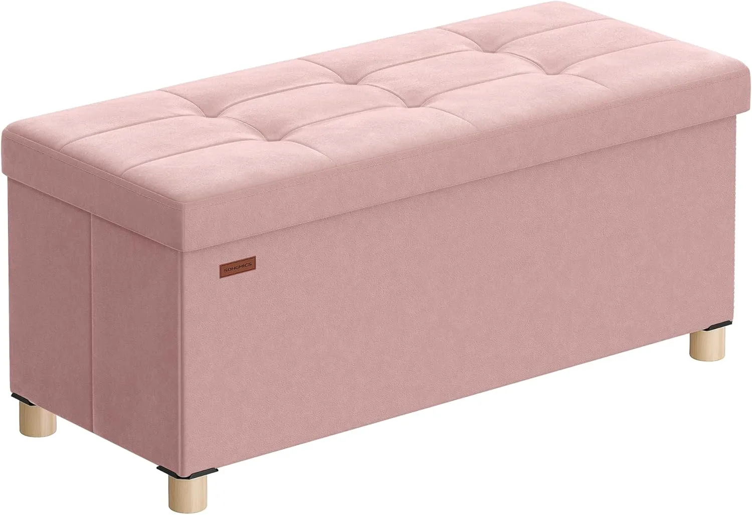 SONGMICS Storage Ottoman Bench, Folding Storage Chest, 15 x 30 x 15.2 Inches, Foot Rest Stool, 20 Gal. (77 L), Velvet Surface, for Bedroom, Entryway, Living Room, Jelly Pink ULSF0517R01