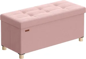 SONGMICS Storage Ottoman Bench, Folding Storage Chest, 15 x 30 x 15.2 Inches, Foot Rest Stool, 20 Gal. (77 L), Velvet Surface, for Bedroom, Entryway, Living Room, Jelly Pink ULSF0517R01