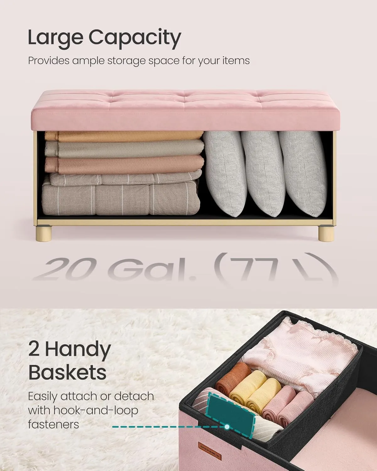 SONGMICS Storage Ottoman Bench, Folding Storage Chest, 15 x 30 x 15.2 Inches, Foot Rest Stool, 20 Gal. (77 L), Velvet Surface, for Bedroom, Entryway, Living Room, Jelly Pink ULSF0517R01