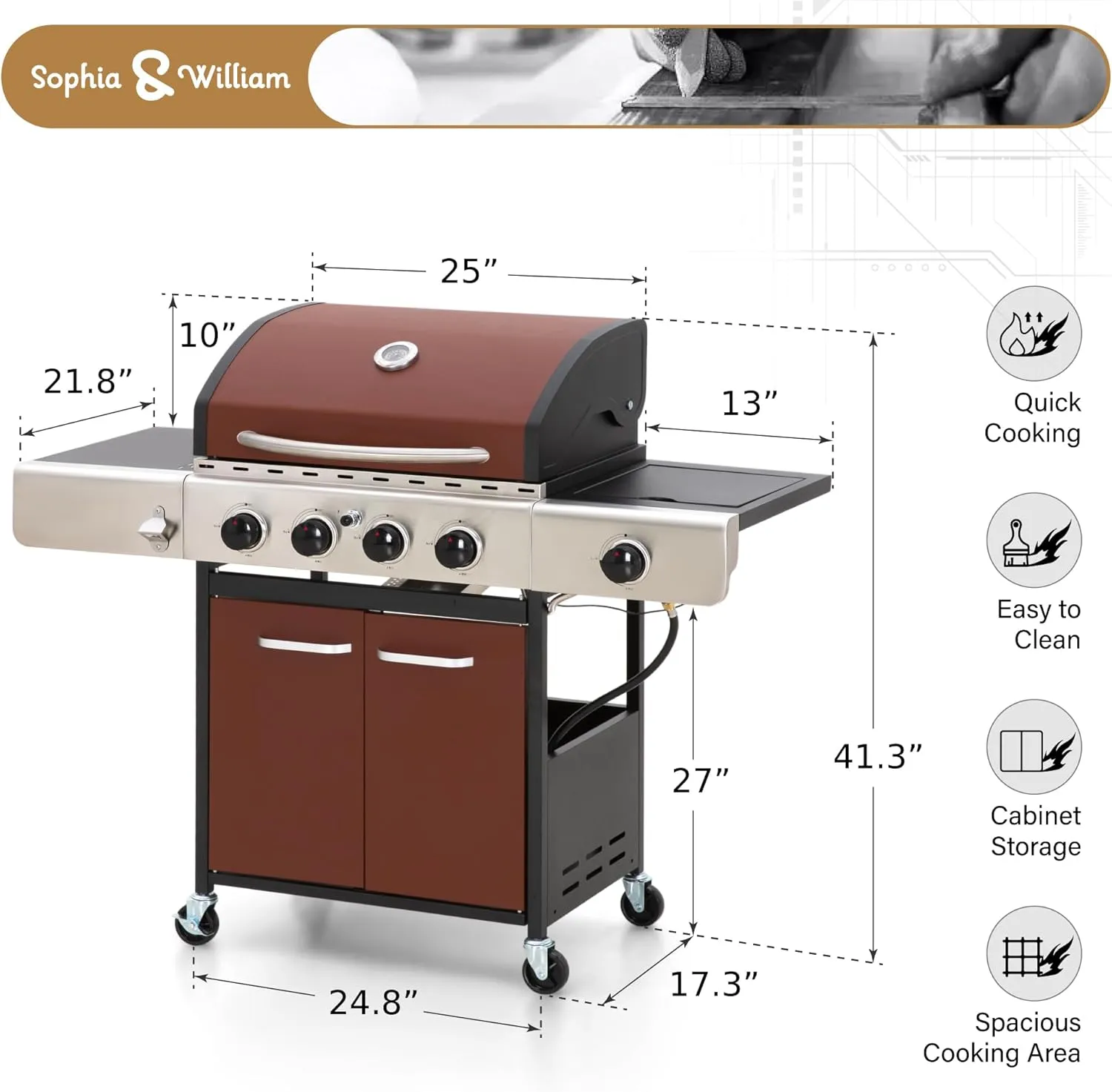 Sophia & William 4-Burner Propane Gas Grill, Stainless Steel BBQ Grill with Side Burner & Porcelain-Enameled Cast Iron Grates 42,000BTU Barbecue Grill for Outdoor Cooking,Patio,Red